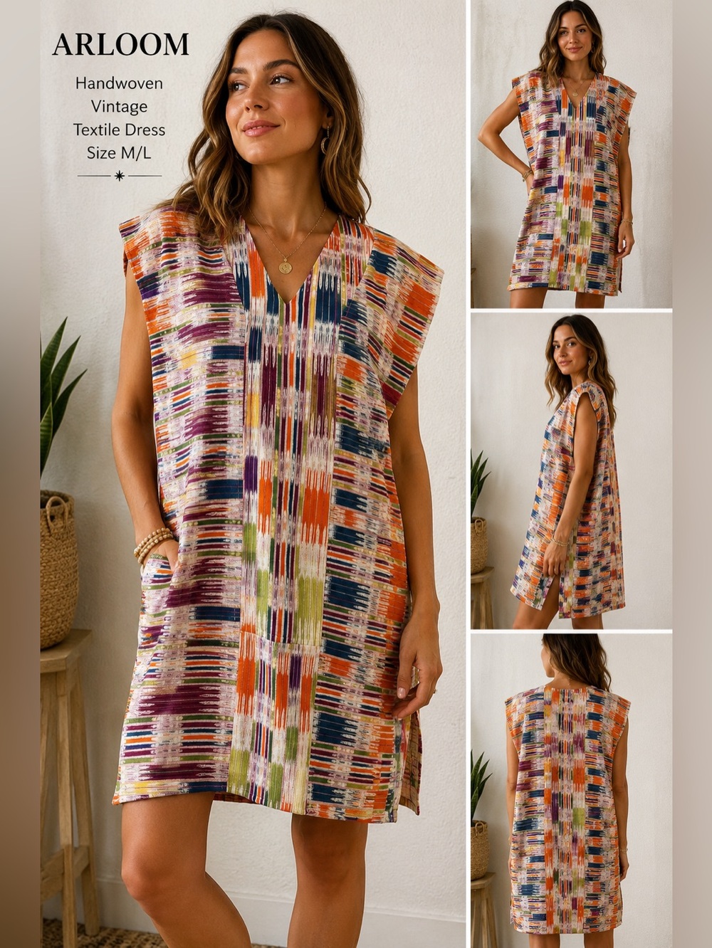 ARLOOM Multicolor Handwoven V-Neck Mini Dress